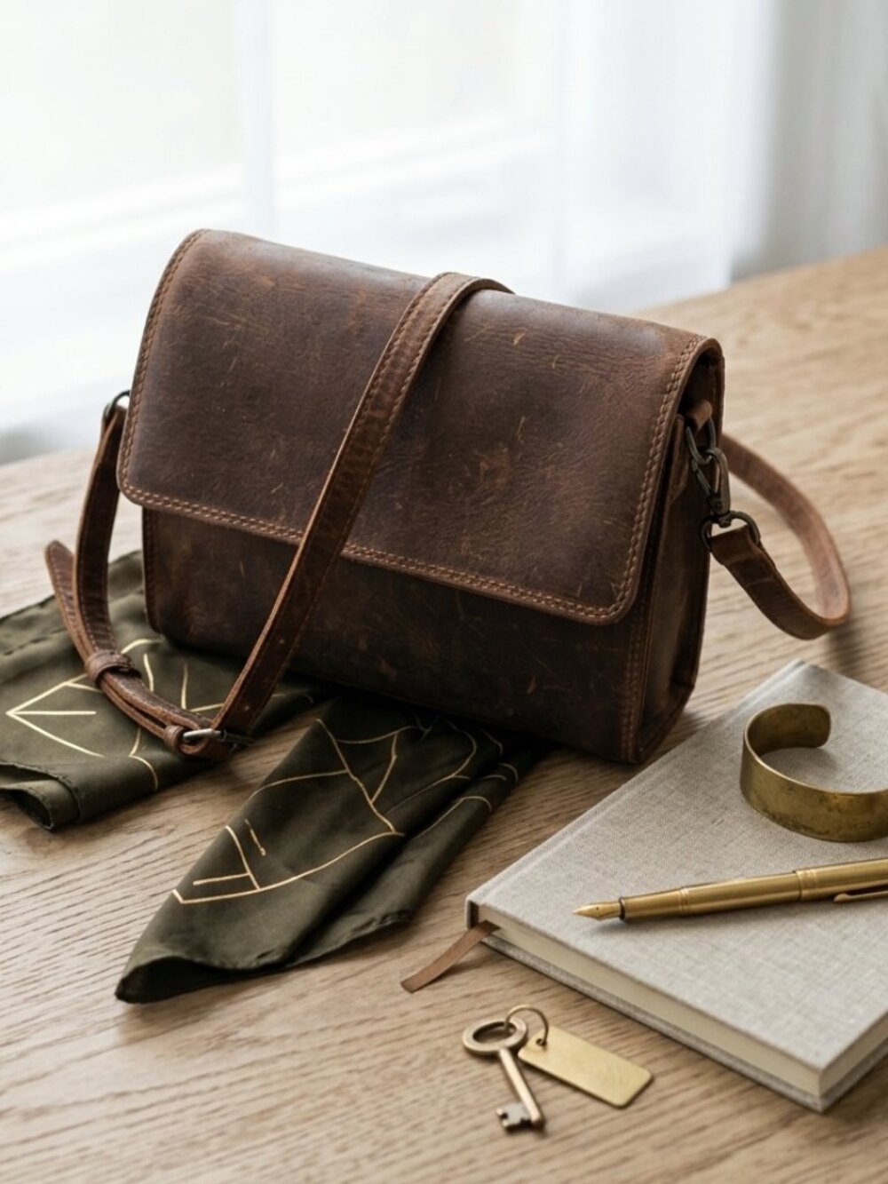 Adrian Klis Distressed Leather Flap Crossbody Bag Natural Tanned